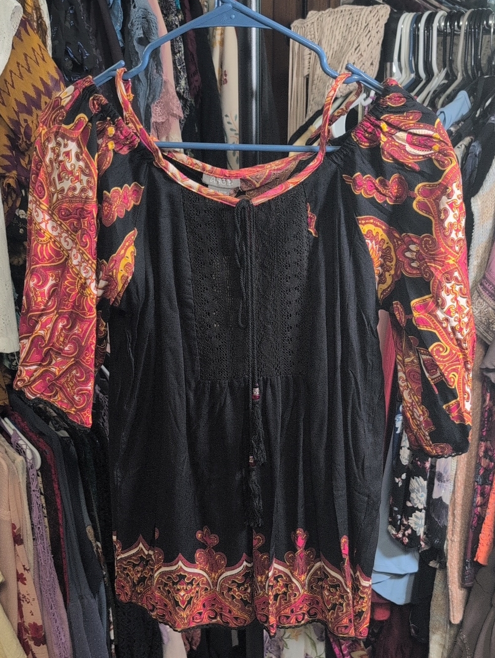 Angie Cold Shoulder Boho Black Peasant Top with Pink-Orange Paisley Accents NWOT